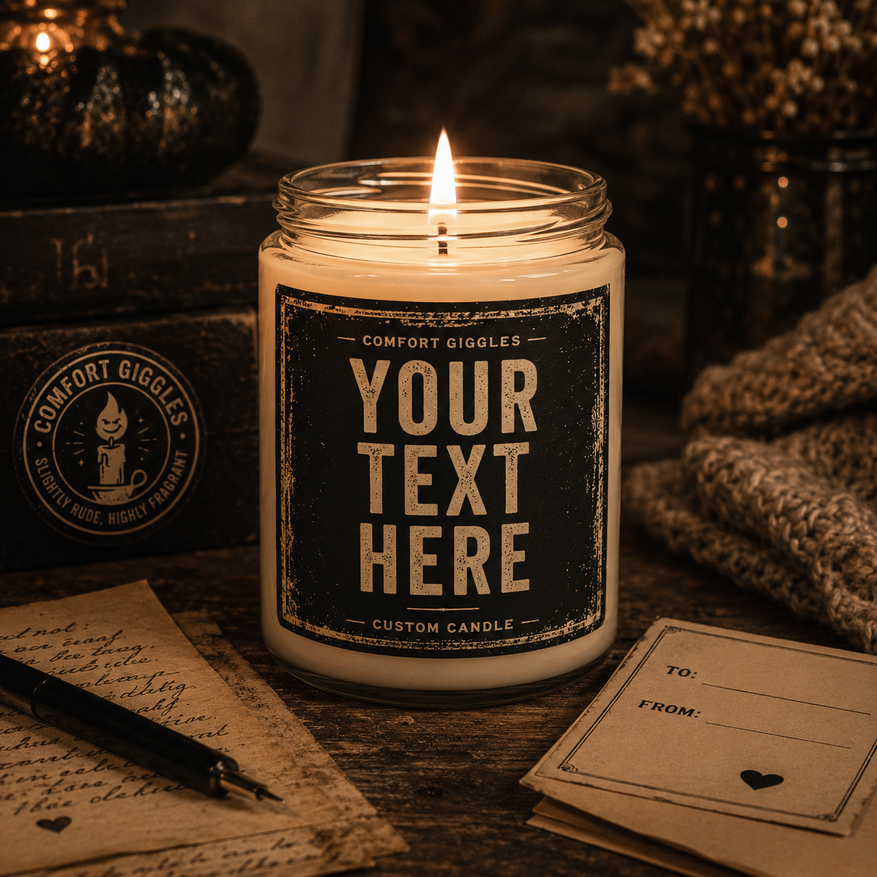 A personalized Comfort Giggles candle reading 'Your Text Here'